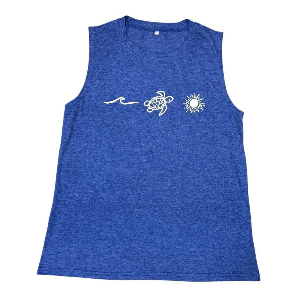 Sleeveless Blue Shirt Sea Turtle Wave & Sun Graphic Large Tank Top Sleeveless